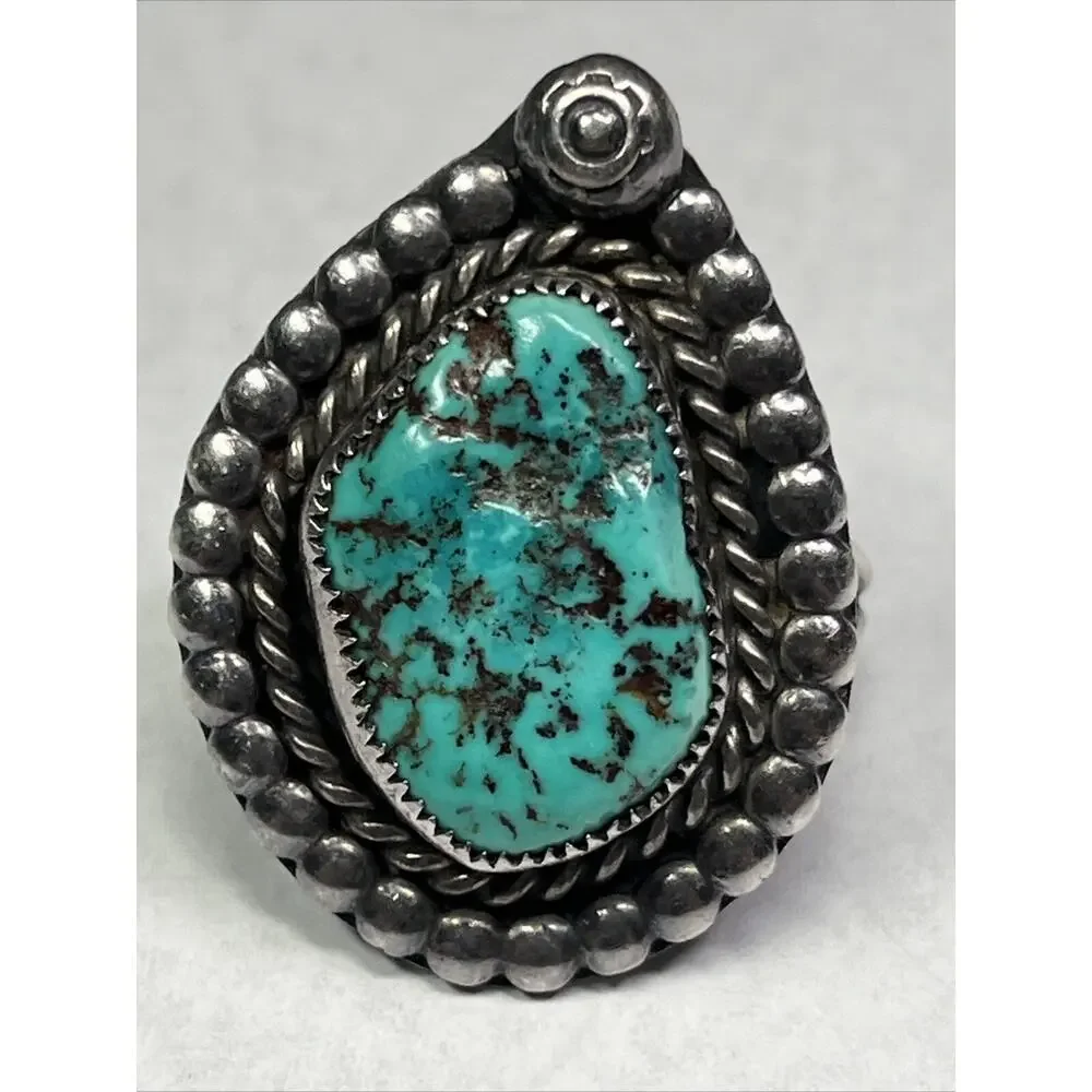 Sterling Ring 925 Turquoise Ring Size 8 Navajo Inspired Signed RL Vintage Chunky
